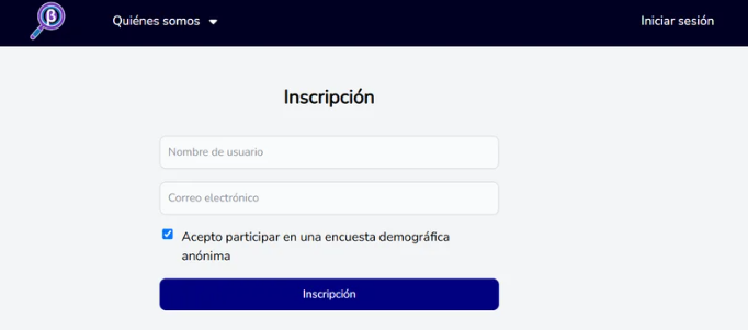 El formulario de inscripción con Nombre de usuario, Correo electrónico y la casilla de la encuesta demográfica.