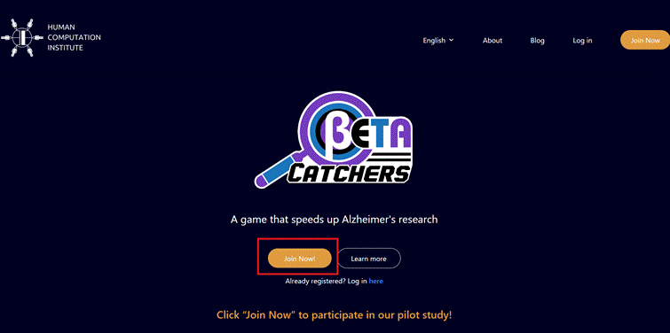 La página de inicio de Beta Catchers con el botón Regístrate aquí.